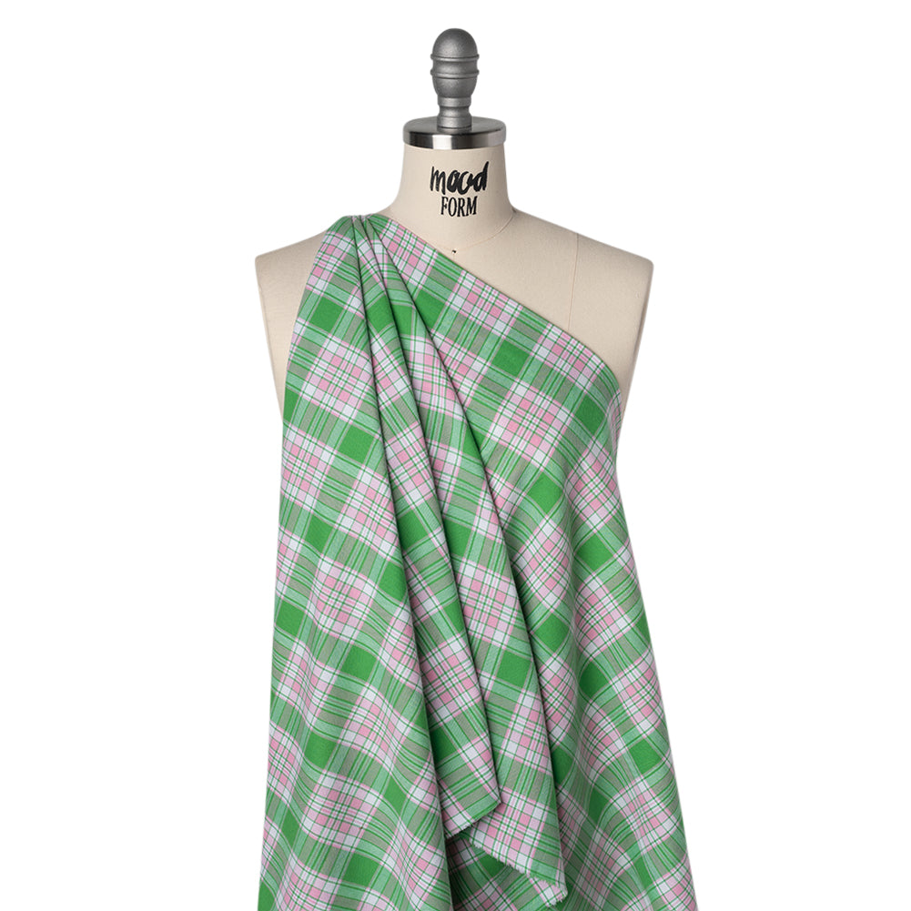 Lightweight Cotton Twill Flannel - Baby Pink, Kelly Green and White Plaid - Deadstock Drape Lightweight Cotton Twill Flannel - Baby Pink, Kelly Green and White Plaid - Deadstock Drape
