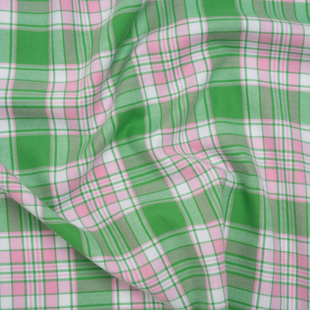 Lightweight Cotton Twill Flannel - Baby Pink, Kelly Green and White Plaid - Deadstock Lightweight Cotton Twill Flannel - Baby Pink, Kelly Green and White Plaid - Deadstock