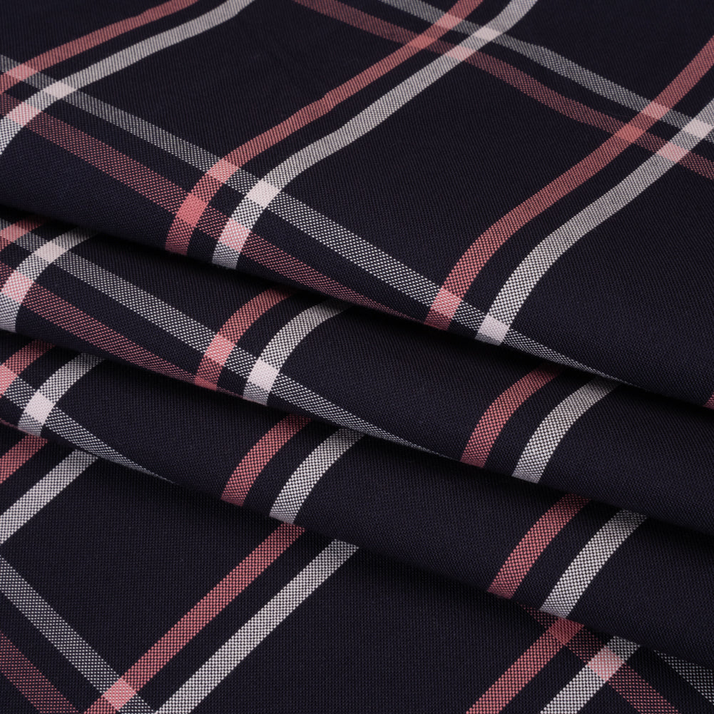 Cotton Oxford Shirting - Dark Navy, Rose Pink and White Windowpane Plaid - Deadstock Folded Cotton Oxford Shirting - Dark Navy, Rose Pink and White Windowpane Plaid - Deadstock Folded