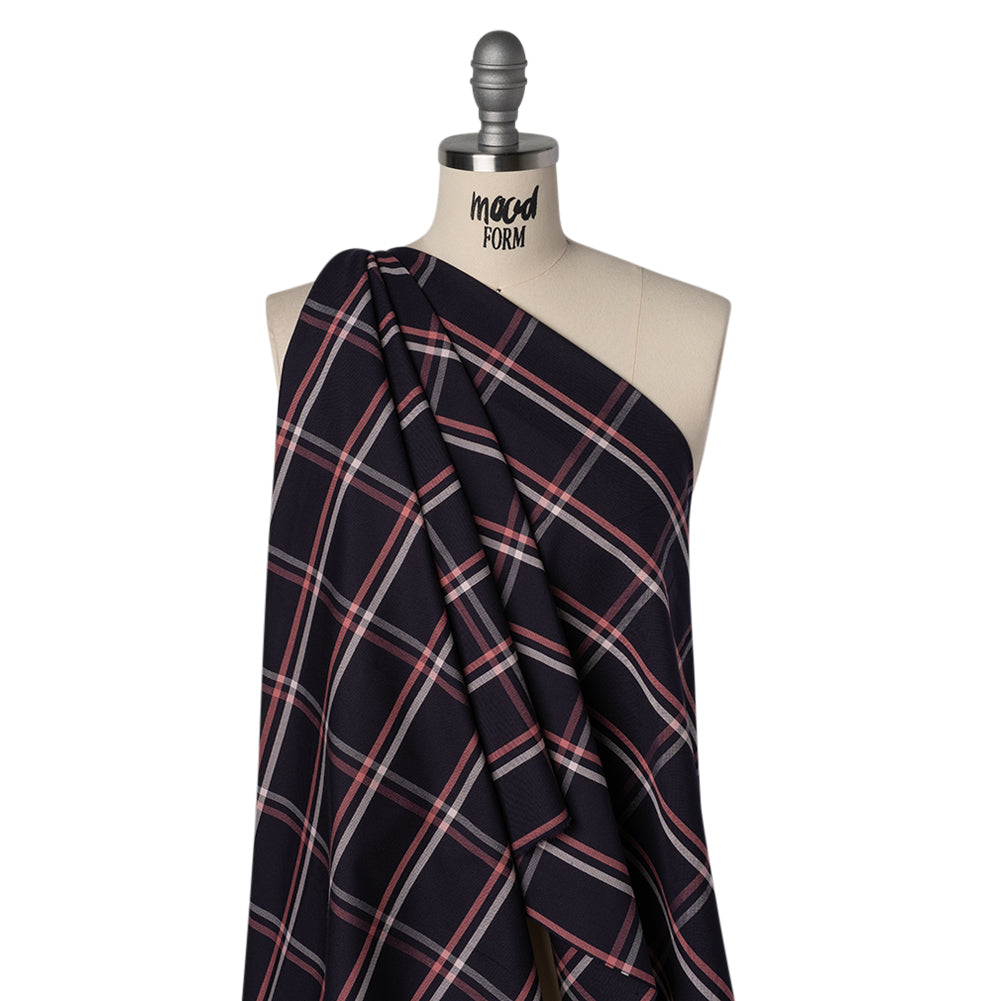 Cotton Oxford Shirting - Dark Navy, Rose Pink and White Windowpane Plaid - Deadstock Drape Cotton Oxford Shirting - Dark Navy, Rose Pink and White Windowpane Plaid - Deadstock Drape