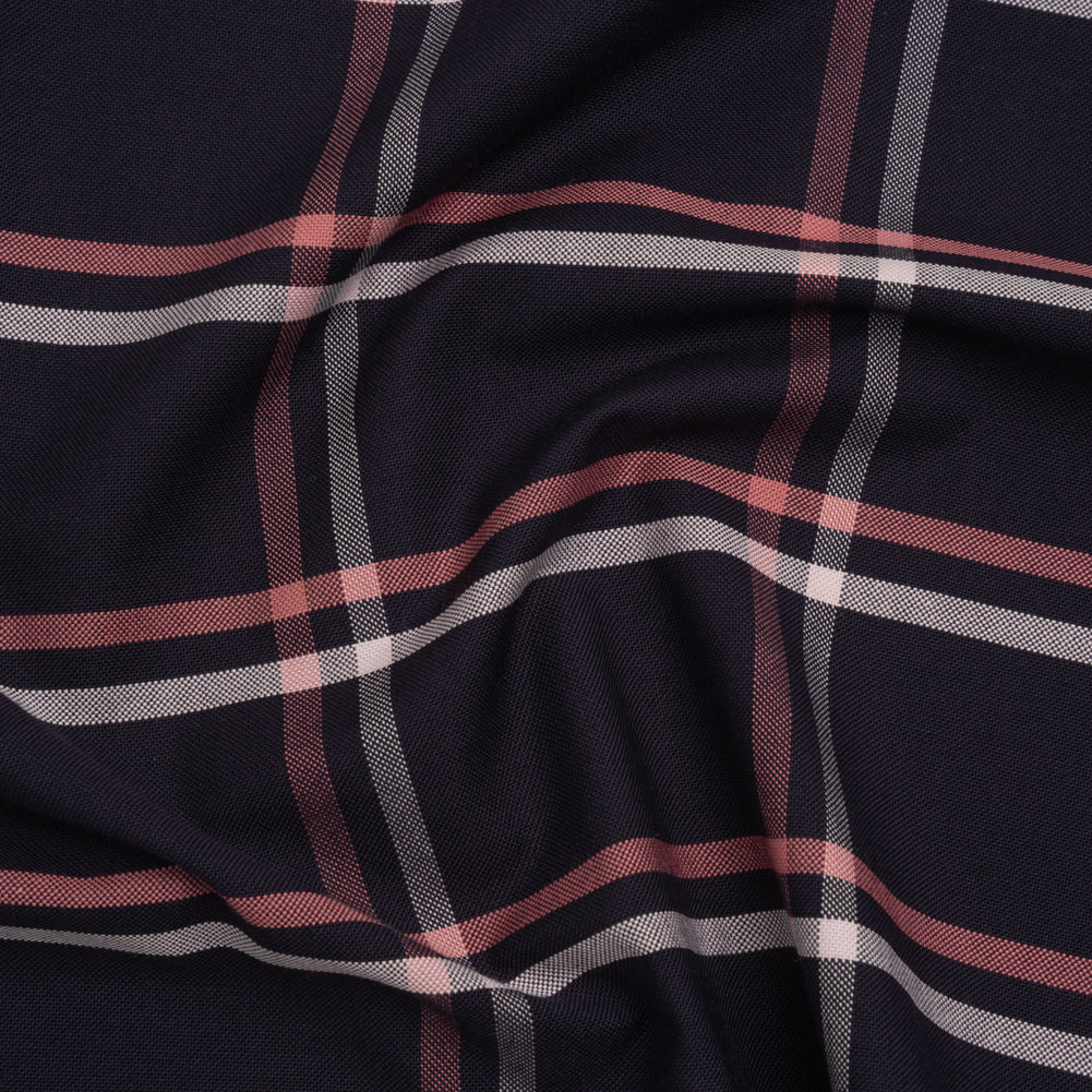 Cotton Oxford Shirting - Dark Navy, Rose Pink and White Windowpane Plaid - Deadstock Cotton Oxford Shirting - Dark Navy, Rose Pink and White Windowpane Plaid - Deadstock