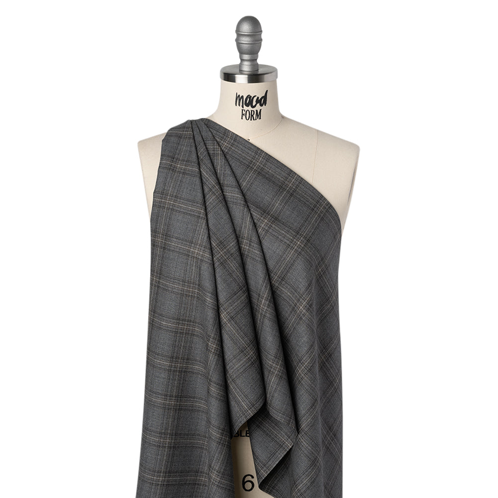 Wool Suiting Made in Italy - Gray, Charcoal and Brown Plaid - Deadstock - Drape Wool Suiting Made in Italy - Gray, Charcoal and Brown Plaid - Deadstock - Drape