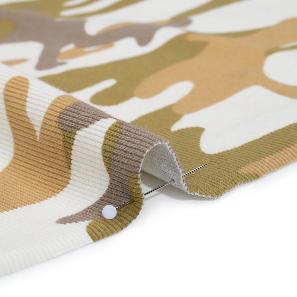 Stretch Cotton 2x2 Rib Knit Print - Cream, Beige and Olive Camouflage - Deadstock Detail Stretch Cotton 2x2 Rib Knit Print - Cream, Beige and Olive Camouflage - Deadstock Detail