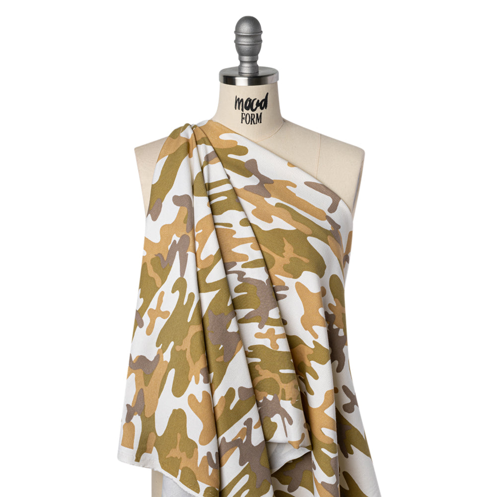 Stretch Cotton 2x2 Rib Knit Print - Cream, Beige and Olive Camouflage - Deadstock Drape Stretch Cotton 2x2 Rib Knit Print - Cream, Beige and Olive Camouflage - Deadstock Drape