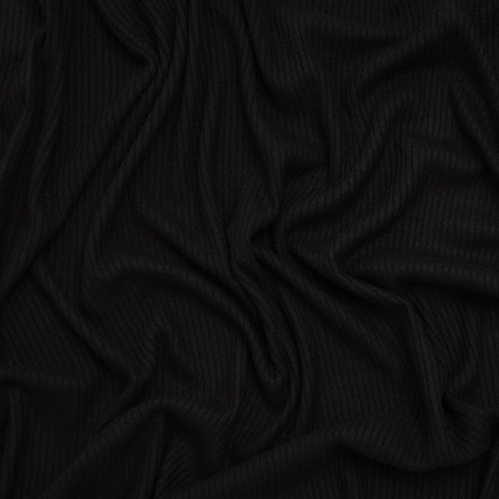 Brushed Cozy Stretch Viscose 2x2 Rib Knit - Black - Deadstock Brushed Cozy Stretch Viscose 2x2 Rib Knit - Black - Deadstock