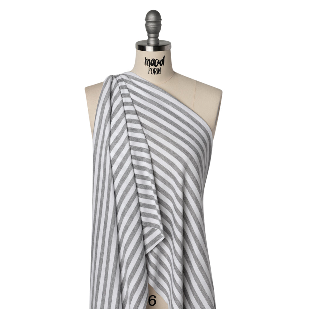 Cotton and Polyester 1x1 Rib Knit - Heathered Gray and White Stripes - Deadstock Drape Cotton and Polyester 1x1 Rib Knit - Heathered Gray and White Stripes - Deadstock Drape