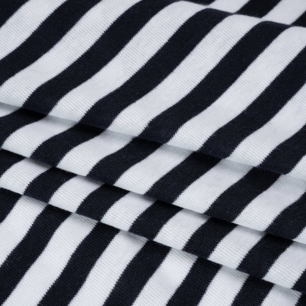 Cotton and Polyester 1x1 Rib Knit - Navy Blue and White Stripes - Deadstock Cotton and Polyester 1x1 Rib Knit - Navy Blue and White Stripes - Deadstock