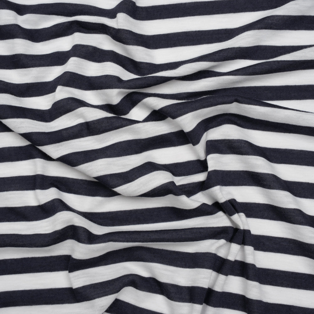 Lightweight Cotton and Polyester Jersey - Navy Blue and White Stripes - Deadstock Lightweight Cotton and Polyester Jersey - Navy Blue and White Stripes - Deadstock