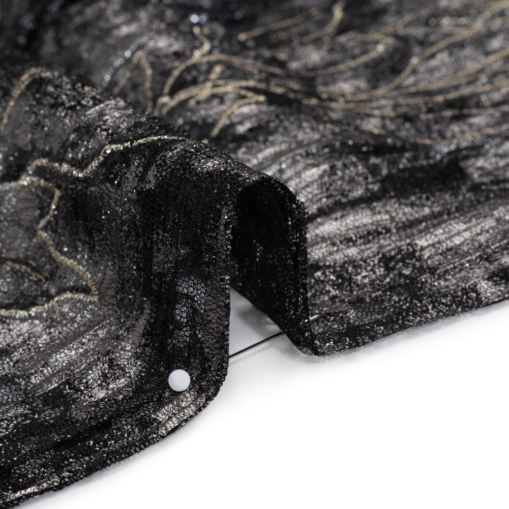 Metallic Foiled Plisse Lace with Embroidery and Beading on Tulle Backing - Black, Gunmetal and White Gold Trailing Leafy Vines Detail Metallic Foiled Plisse Lace with Embroidery and Beading on Tulle Backing - Black, Gunmetal and White Gold Trailing Leafy Vines Detail