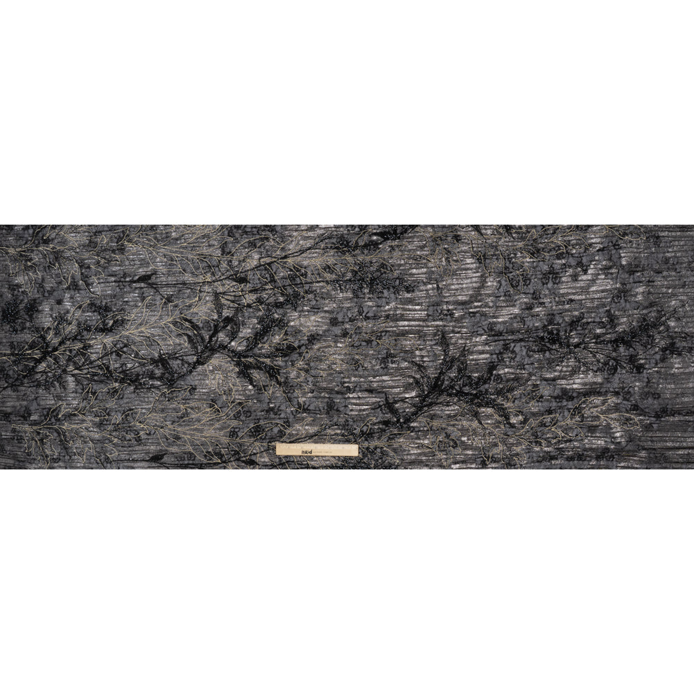 Metallic Foiled Plisse Lace with Embroidery and Beading on Tulle Backing - Black, Gunmetal and White Gold Trailing Leafy Vines - Full Metallic Foiled Plisse Lace with Embroidery and Beading on Tulle Backing - Black, Gunmetal and White Gold Trailing Leafy Vines - Full