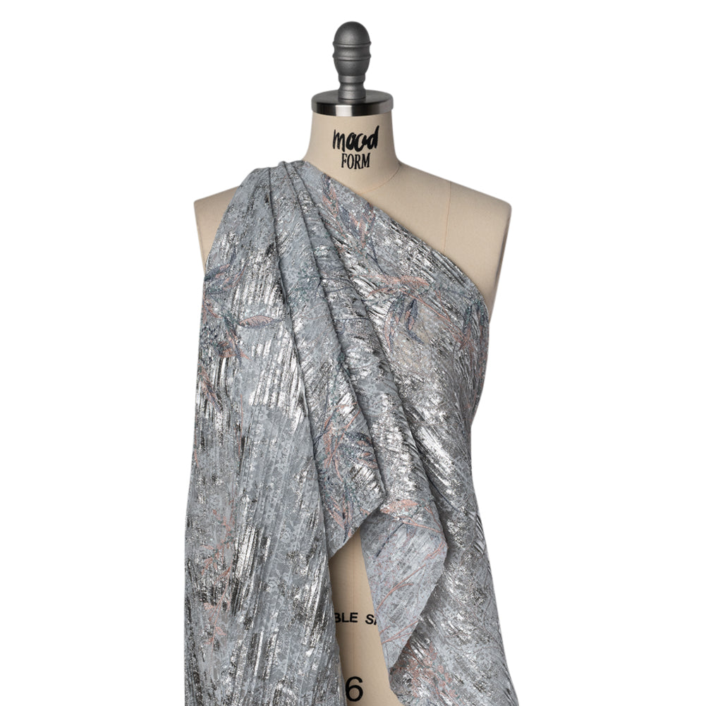 Metallic Foiled Plisse Lace with Embroidery and Beading on Tulle Backing - Light Blue, Silver, and Pale Pink Flowering Branches Drape Metallic Foiled Plisse Lace with Embroidery and Beading on Tulle Backing - Light Blue, Silver, and Pale Pink Flowering Branches Drape
