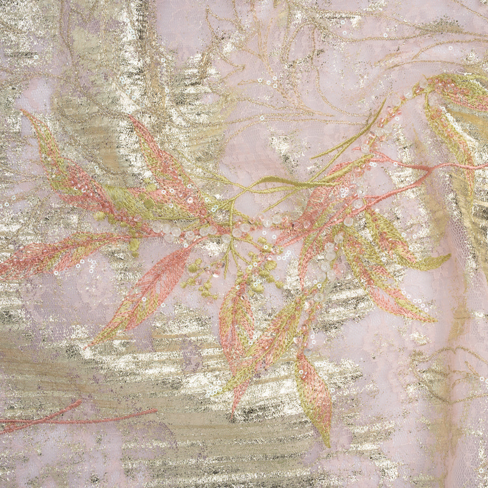Metallic Foiled Plisse Lace with Embroidery and Beading on Tulle Backing - Light Pink and Gold Flowering Branches Metallic Foiled Plisse Lace with Embroidery and Beading on Tulle Backing - Light Pink and Gold Flowering Branches