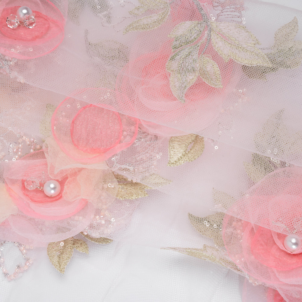 Embroidered and Beaded Tulle with 3D Fabric and Ribbon Flowers - Pink, Silver and Green Floral Folded Embroidered and Beaded Tulle with 3D Fabric and Ribbon Flowers - Pink, Silver and Green Floral Folded