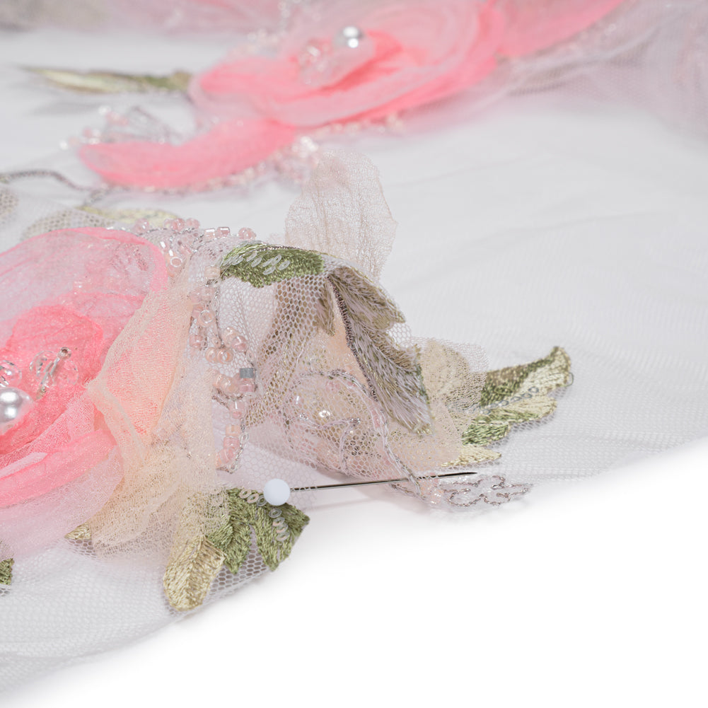 Embroidered and Beaded Tulle with 3D Fabric and Ribbon Flowers - Pink, Silver and Green Floral Detail Embroidered and Beaded Tulle with 3D Fabric and Ribbon Flowers - Pink, Silver and Green Floral Detail