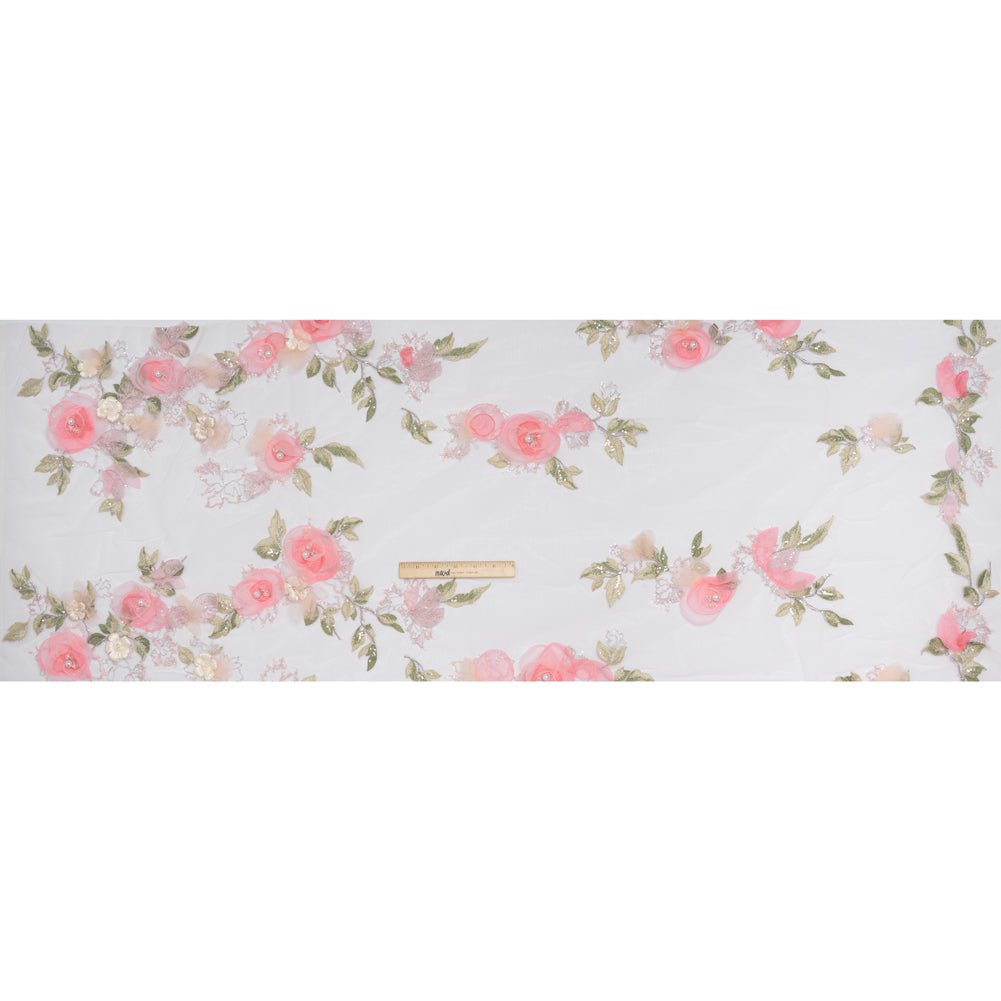 Embroidered and Beaded Tulle with 3D Fabric and Ribbon Flowers - Pink, Silver and Green Floral - Full Embroidered and Beaded Tulle with 3D Fabric and Ribbon Flowers - Pink, Silver and Green Floral - Full