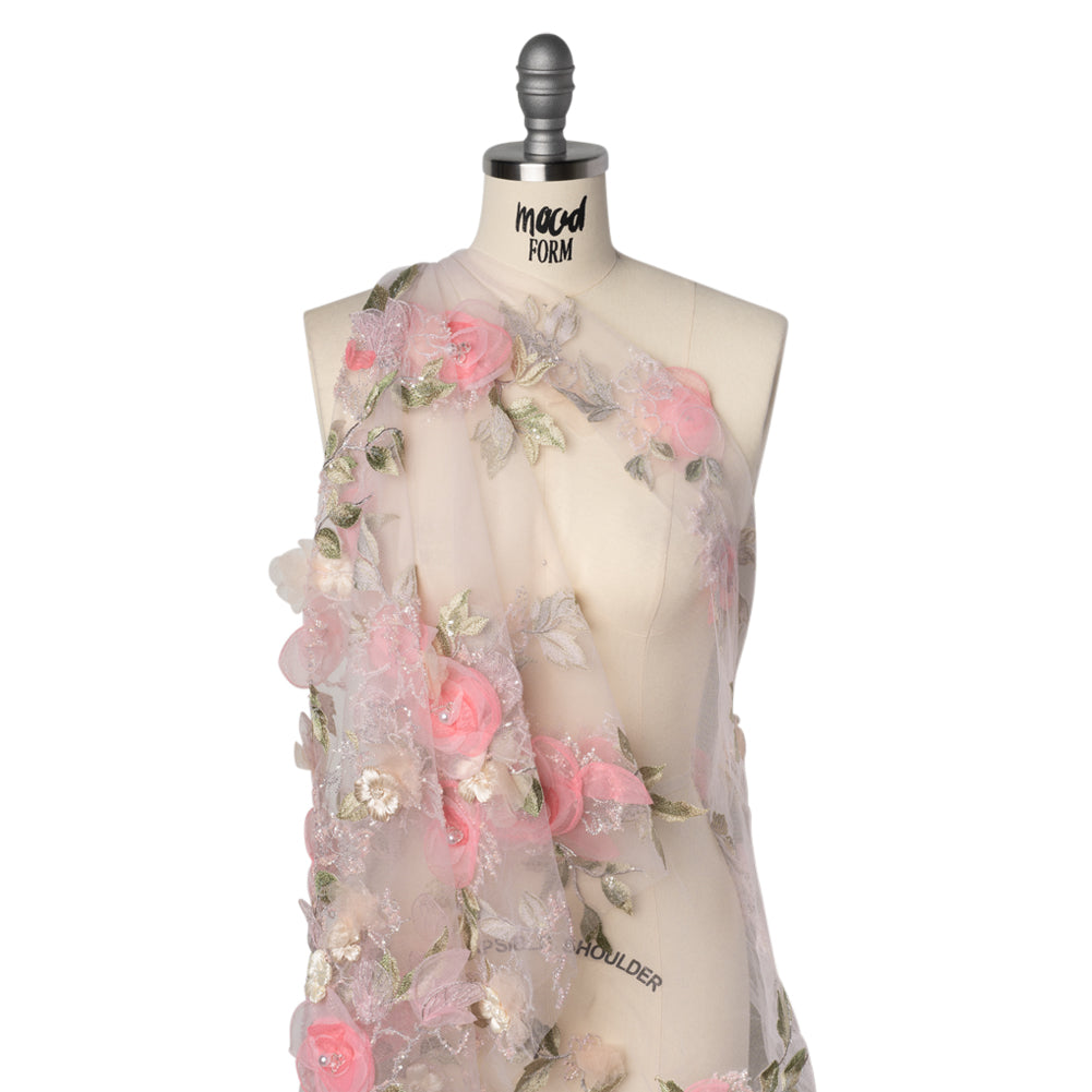 Embroidered and Beaded Tulle with 3D Fabric and Ribbon Flowers - Pink, Silver and Green Floral Drape Embroidered and Beaded Tulle with 3D Fabric and Ribbon Flowers - Pink, Silver and Green Floral Drape