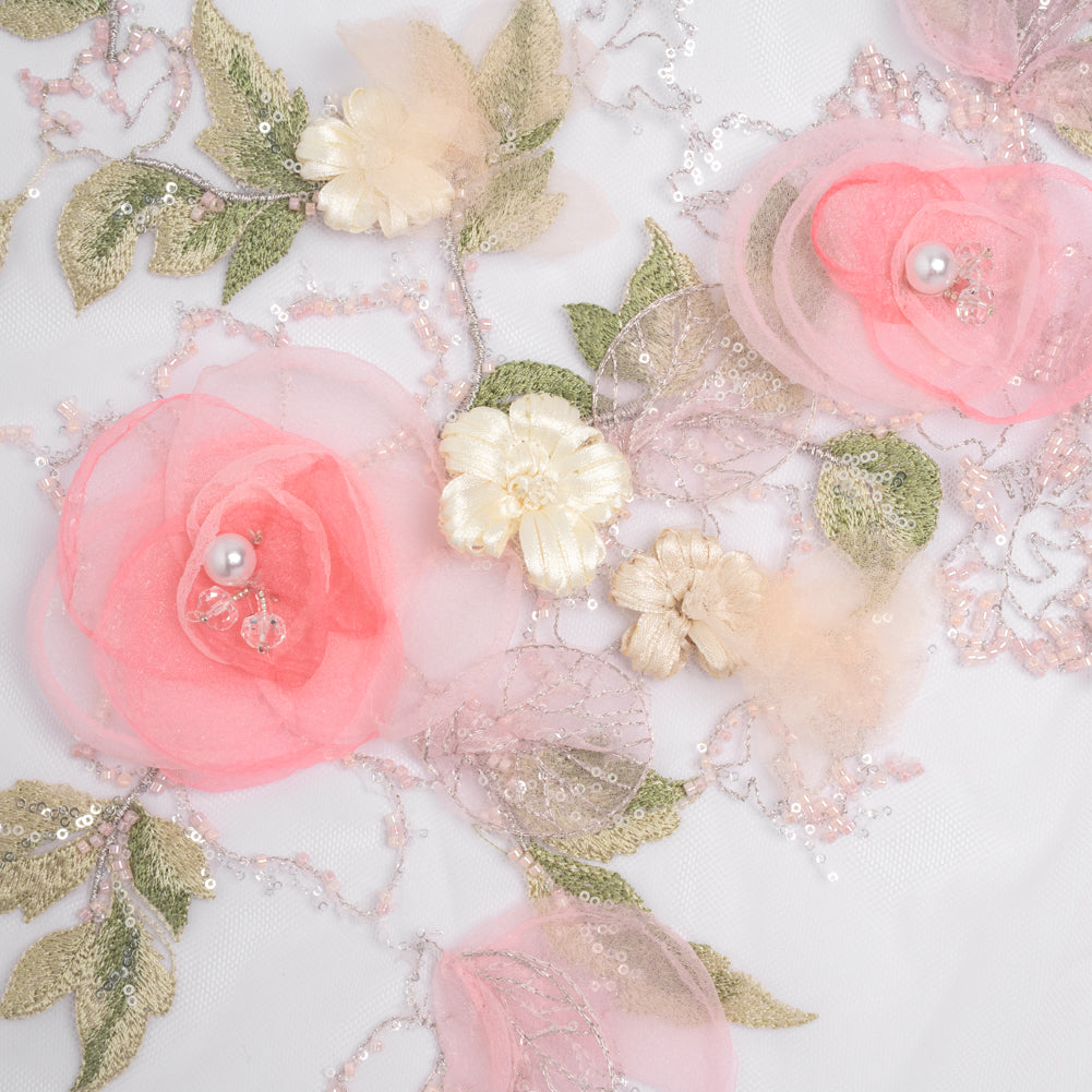 Embroidered and Beaded Tulle with 3D Fabric and Ribbon Flowers - Pink, Silver and Green Floral Embroidered and Beaded Tulle with 3D Fabric and Ribbon Flowers - Pink, Silver and Green Floral