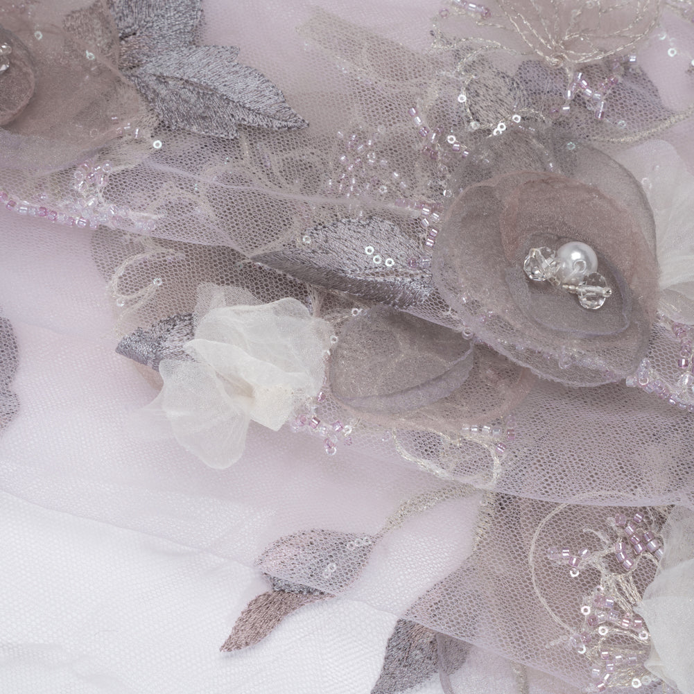 Embroidered and Beaded Tulle with 3D Fabric and Ribbon Flowers - Lilac, Gray and Silver Floral Folded Embroidered and Beaded Tulle with 3D Fabric and Ribbon Flowers - Lilac, Gray and Silver Floral Folded