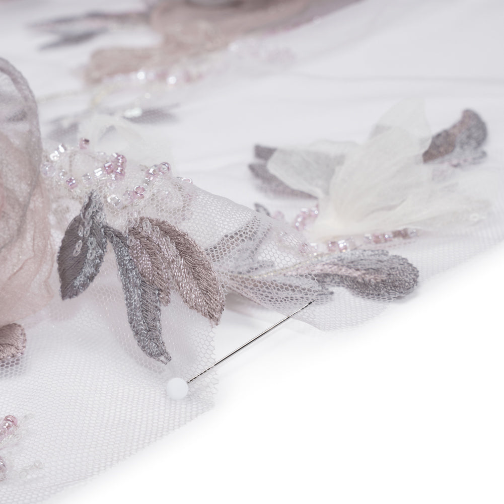 Embroidered and Beaded Tulle with 3D Fabric and Ribbon Flowers - Lilac, Gray and Silver Floral Detail Embroidered and Beaded Tulle with 3D Fabric and Ribbon Flowers - Lilac, Gray and Silver Floral Detail