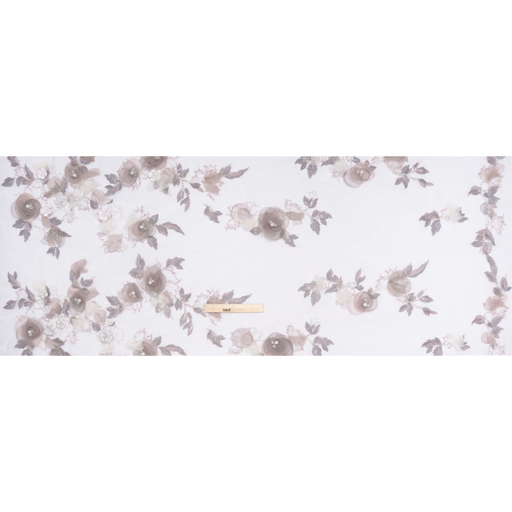 Embroidered and Beaded Tulle with 3D Fabric and Ribbon Flowers - Lilac, Gray and Silver Floral - Full Embroidered and Beaded Tulle with 3D Fabric and Ribbon Flowers - Lilac, Gray and Silver Floral - Full