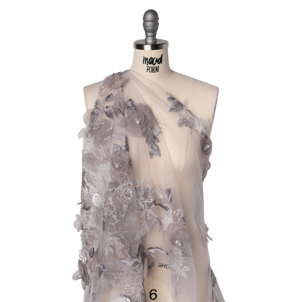 Embroidered and Beaded Tulle with 3D Fabric and Ribbon Flowers - Lilac, Gray and Silver Floral Drape Embroidered and Beaded Tulle with 3D Fabric and Ribbon Flowers - Lilac, Gray and Silver Floral Drape