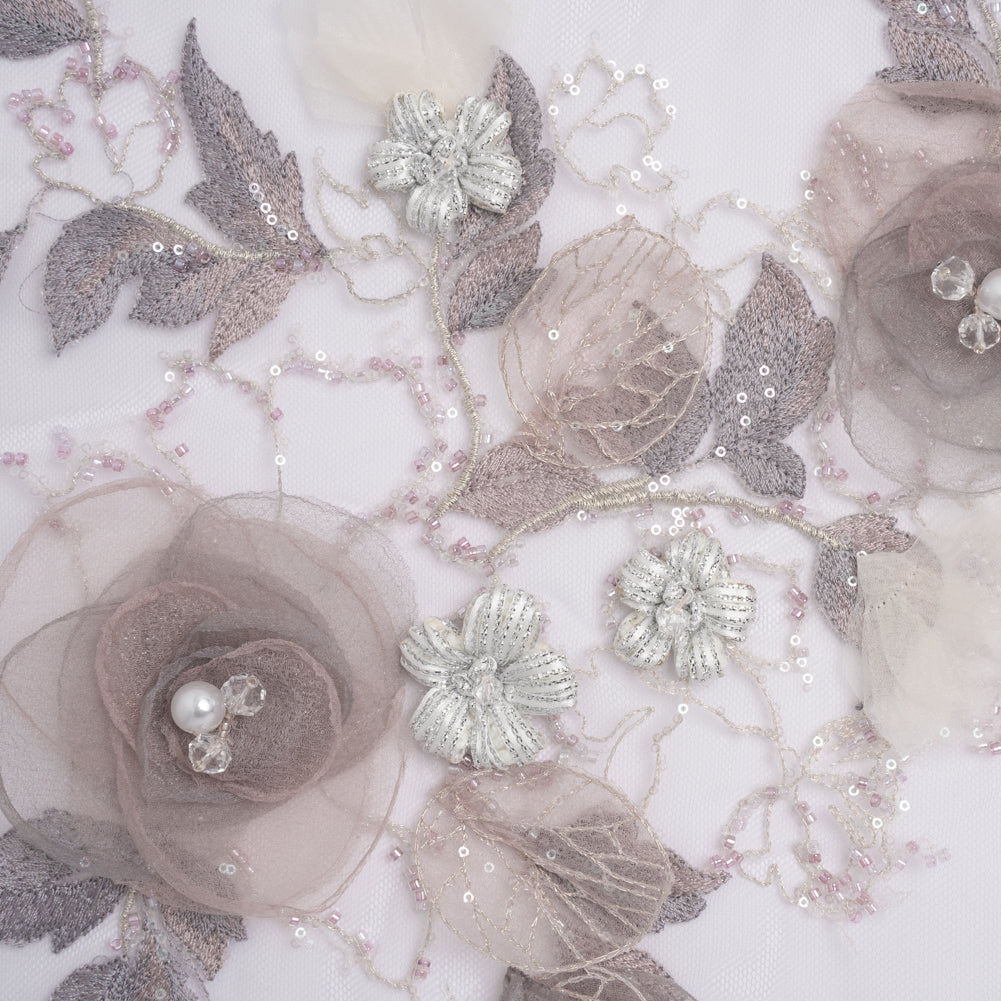 Embroidered and Beaded Tulle with 3D Fabric and Ribbon Flowers - Lilac, Gray and Silver Floral Embroidered and Beaded Tulle with 3D Fabric and Ribbon Flowers - Lilac, Gray and Silver Floral