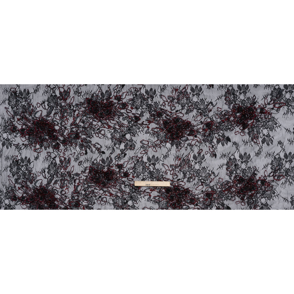 Embroidered and Beaded Chantilly Lace with 3D Fabric Flowers - Black and Dark Red Floral - Full Embroidered and Beaded Chantilly Lace with 3D Fabric Flowers - Black and Dark Red Floral - Full