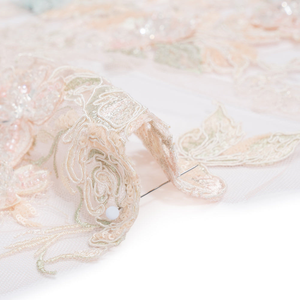 Embroidered and Beaded Tulle Panel with 3D Fabric Flowers - Peach, Light Blue and Silver Roses Detail Embroidered and Beaded Tulle Panel with 3D Fabric Flowers - Peach, Light Blue and Silver Roses Detail