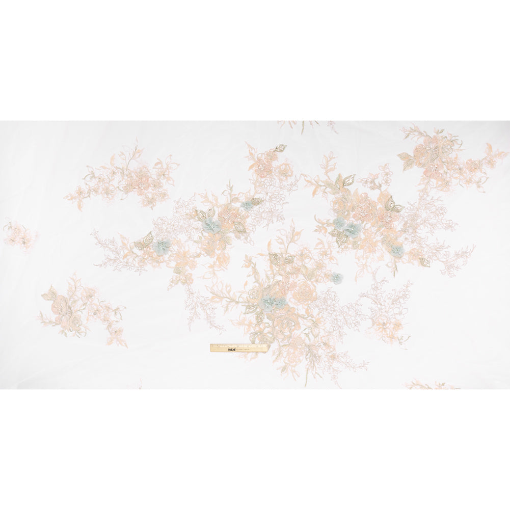 Embroidered and Beaded Tulle Panel with 3D Fabric Flowers - Peach, Light Blue and Silver Roses - Full Embroidered and Beaded Tulle Panel with 3D Fabric Flowers - Peach, Light Blue and Silver Roses - Full