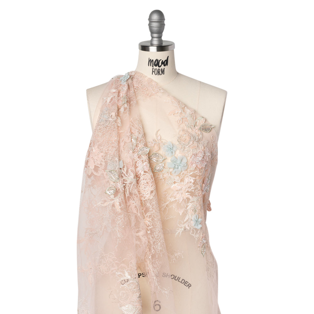 Embroidered and Beaded Tulle Panel with 3D Fabric Flowers - Peach, Light Blue and Silver Roses Drape Embroidered and Beaded Tulle Panel with 3D Fabric Flowers - Peach, Light Blue and Silver Roses Drape