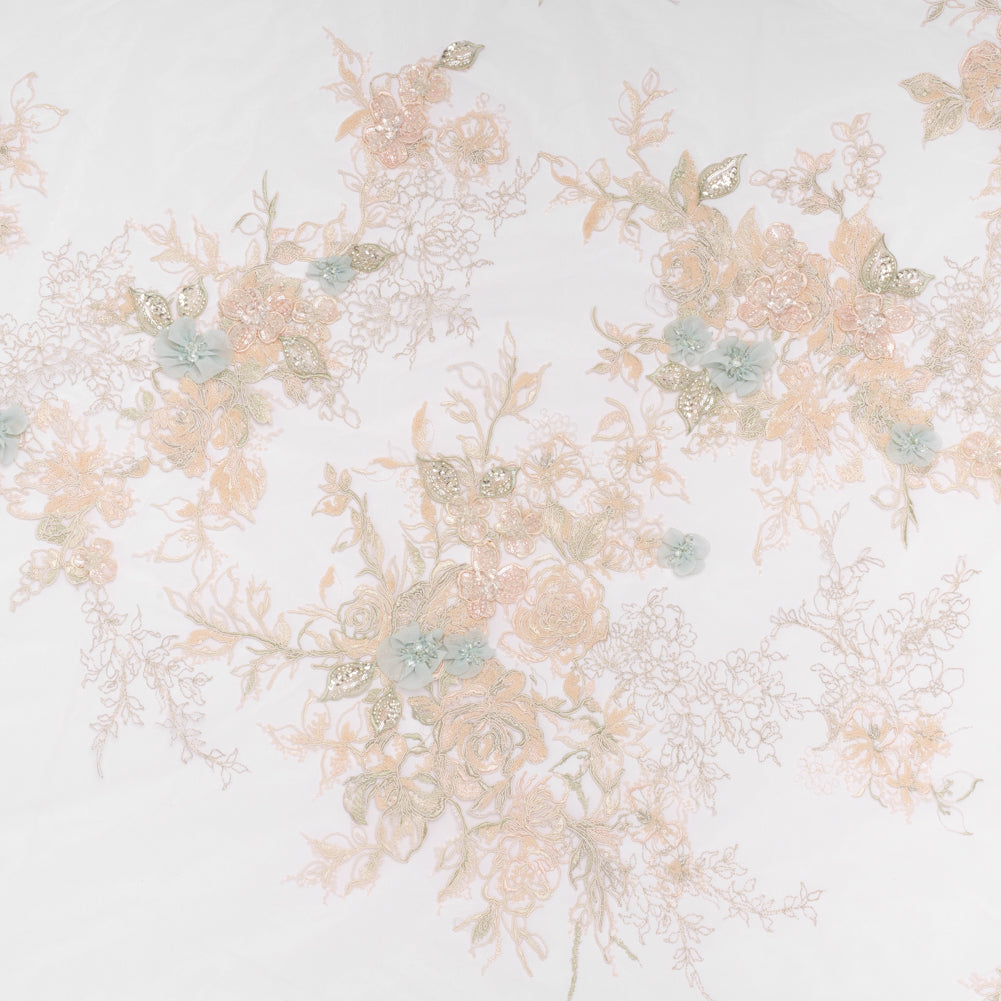 Embroidered and Beaded Tulle Panel with 3D Fabric Flowers - Peach, Light Blue and Silver Roses Embroidered and Beaded Tulle Panel with 3D Fabric Flowers - Peach, Light Blue and Silver Roses