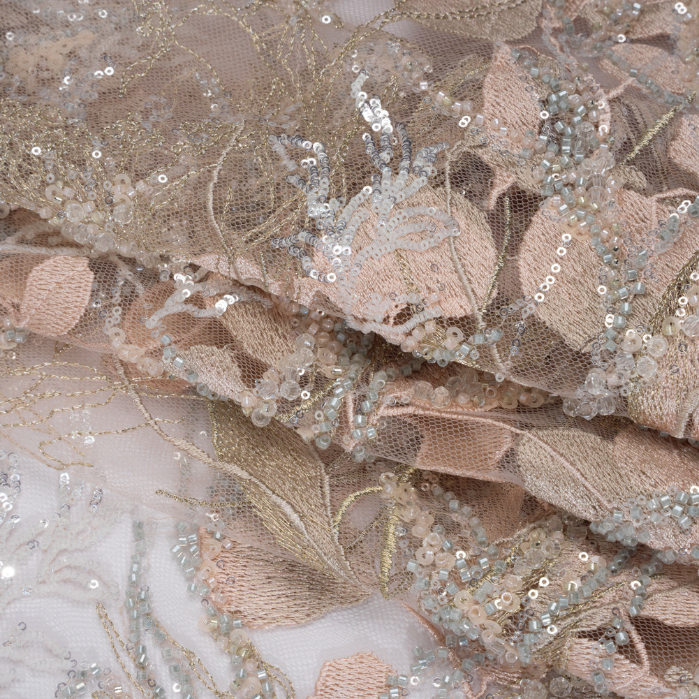 Embroidered and Beaded Tulle with 3D Fabric Flowers - Dark Beige, Pink and Pale Blue Fanciful Leaves and Florals Folded Embroidered and Beaded Tulle with 3D Fabric Flowers - Dark Beige, Pink and Pale Blue Fanciful Leaves and Florals Folded