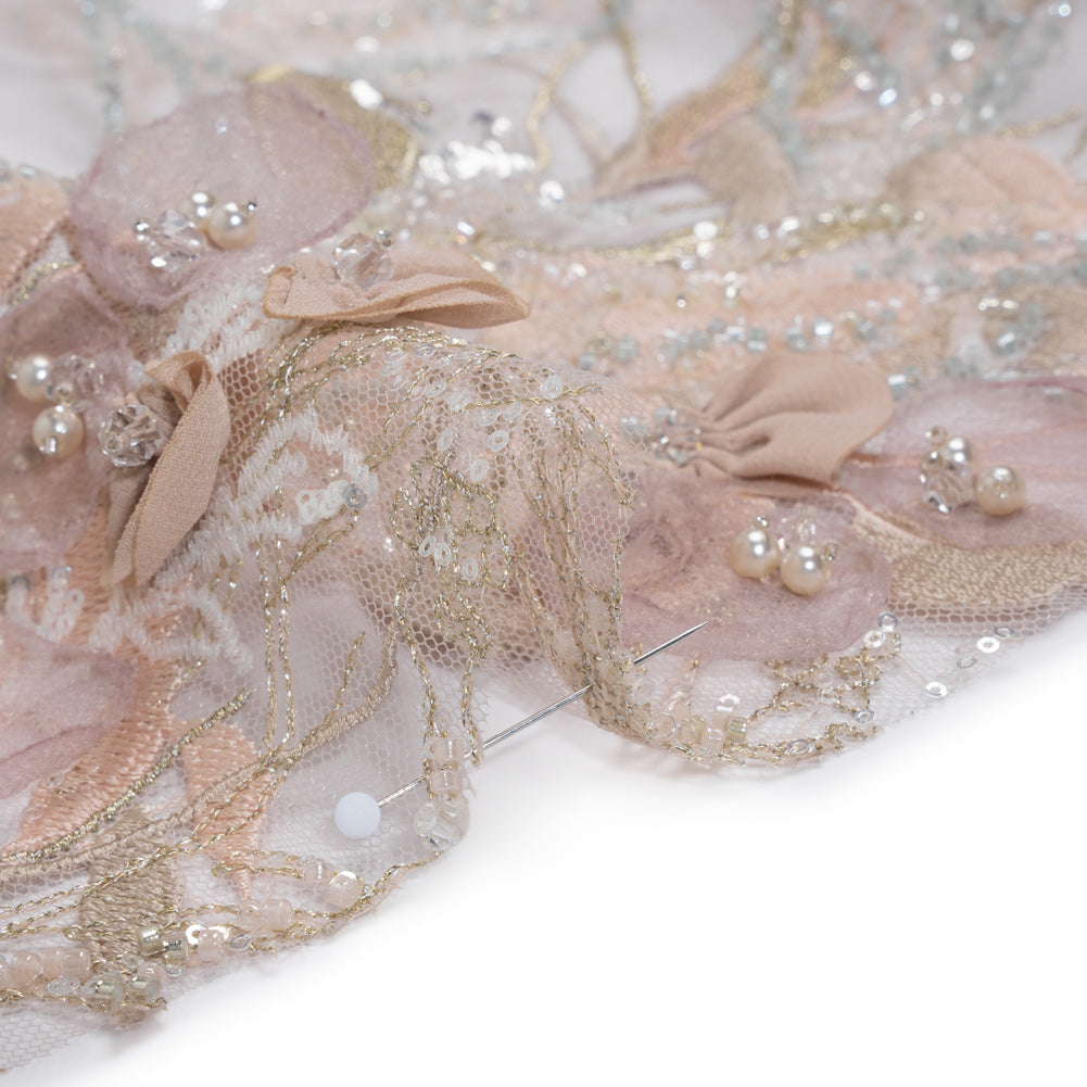 Embroidered and Beaded Tulle with 3D Fabric Flowers - Dark Beige, Pink and Pale Blue Fanciful Leaves and Florals Detail Embroidered and Beaded Tulle with 3D Fabric Flowers - Dark Beige, Pink and Pale Blue Fanciful Leaves and Florals Detail