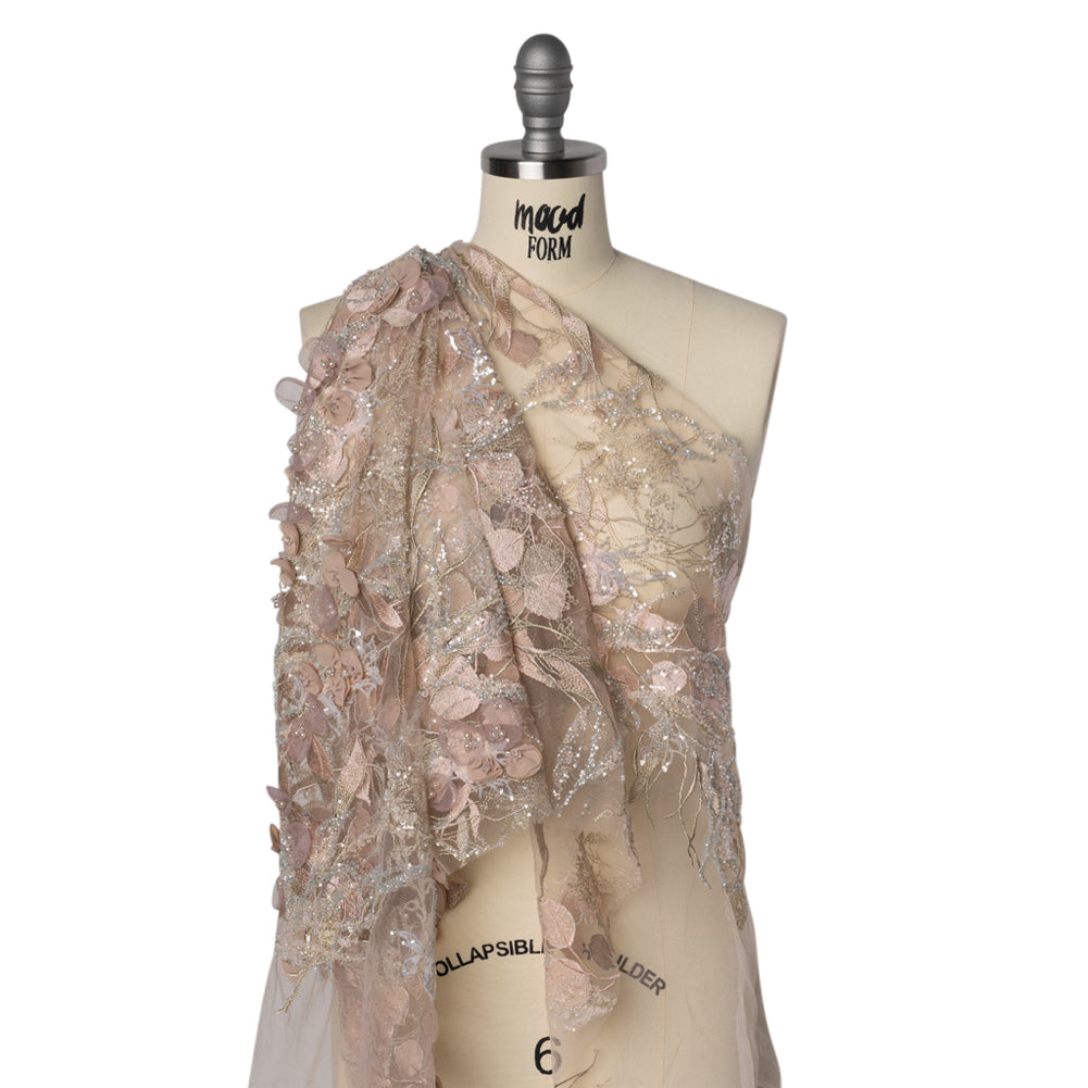 Embroidered and Beaded Tulle with 3D Fabric Flowers - Dark Beige, Pink and Pale Blue Fanciful Leaves and Florals Drape Embroidered and Beaded Tulle with 3D Fabric Flowers - Dark Beige, Pink and Pale Blue Fanciful Leaves and Florals Drape