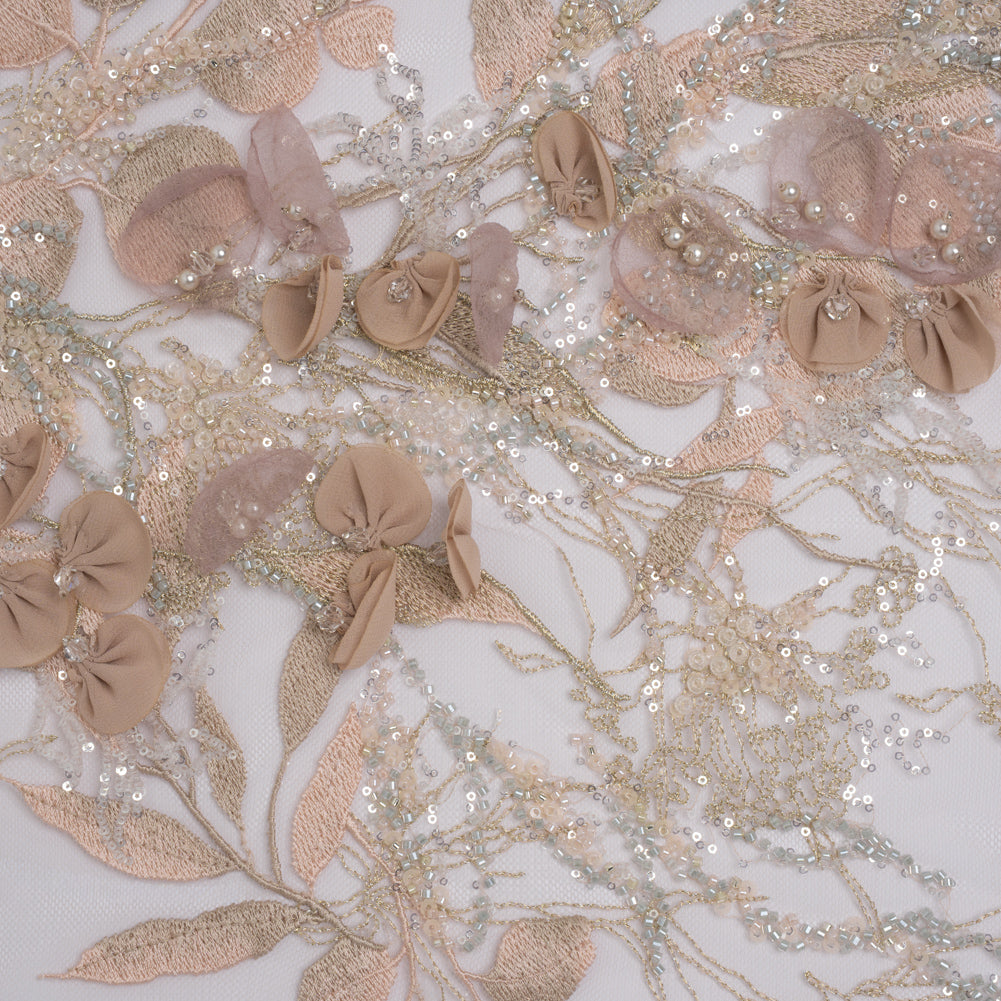 Embroidered and Beaded Tulle with 3D Fabric Flowers - Dark Beige, Pink and Pale Blue Fanciful Leaves and Florals Embroidered and Beaded Tulle with 3D Fabric Flowers - Dark Beige, Pink and Pale Blue Fanciful Leaves and Florals