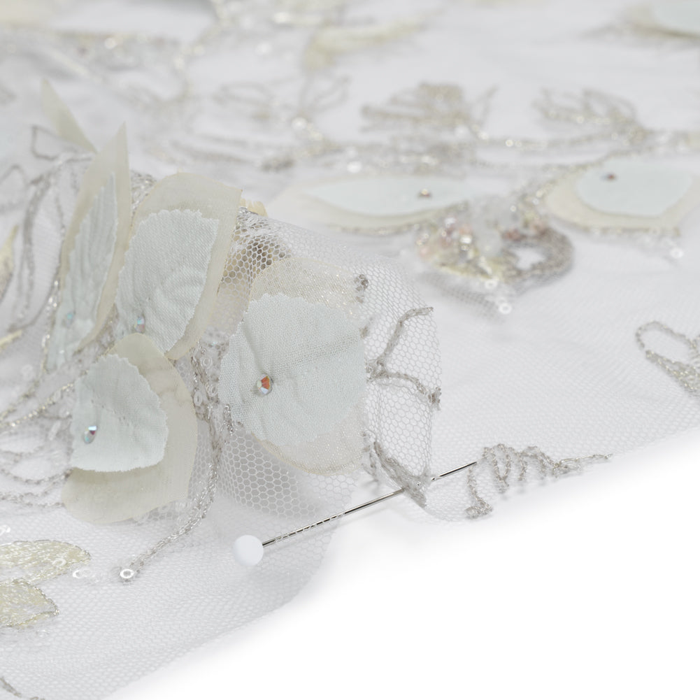 Embroidered and Beaded Tulle with 3D Fabric Flowers - Light Gray, Seafoam and Cream Leafy Arrangements Detail Embroidered and Beaded Tulle with 3D Fabric Flowers - Light Gray, Seafoam and Cream Leafy Arrangements Detail