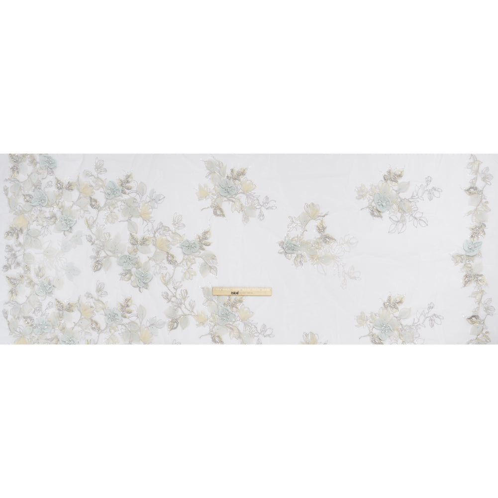 Embroidered and Beaded Tulle with 3D Fabric Flowers - Light Gray, Seafoam and Cream Leafy Arrangements - Full Embroidered and Beaded Tulle with 3D Fabric Flowers - Light Gray, Seafoam and Cream Leafy Arrangements - Full