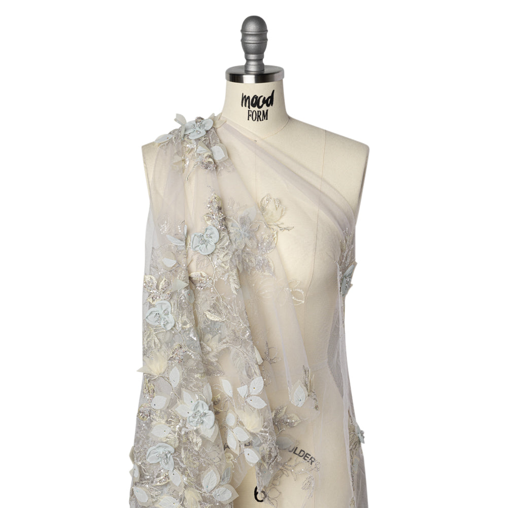 Embroidered and Beaded Tulle with 3D Fabric Flowers - Light Gray, Seafoam and Cream Leafy Arrangements Drape Embroidered and Beaded Tulle with 3D Fabric Flowers - Light Gray, Seafoam and Cream Leafy Arrangements Drape