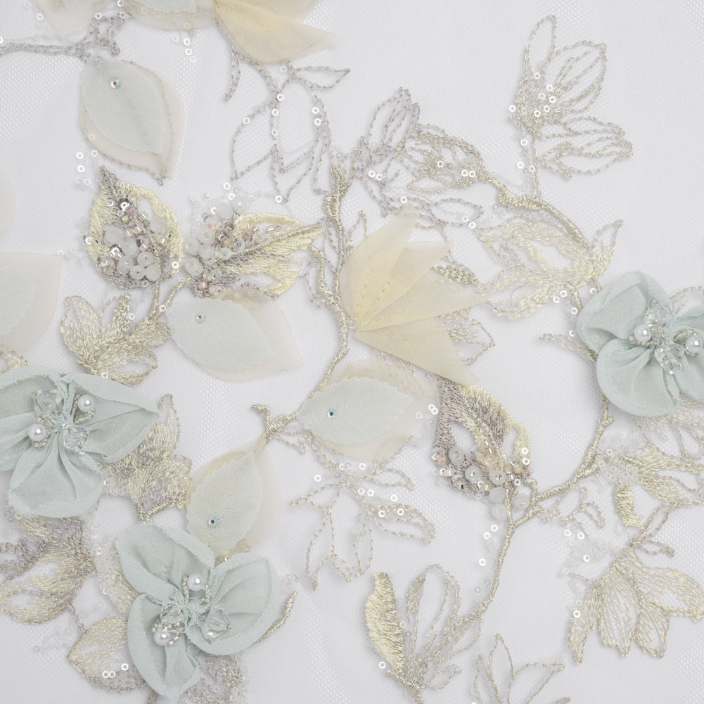 Embroidered and Beaded Tulle with 3D Fabric Flowers - Light Gray, Seafoam and Cream Leafy Arrangements Embroidered and Beaded Tulle with 3D Fabric Flowers - Light Gray, Seafoam and Cream Leafy Arrangements