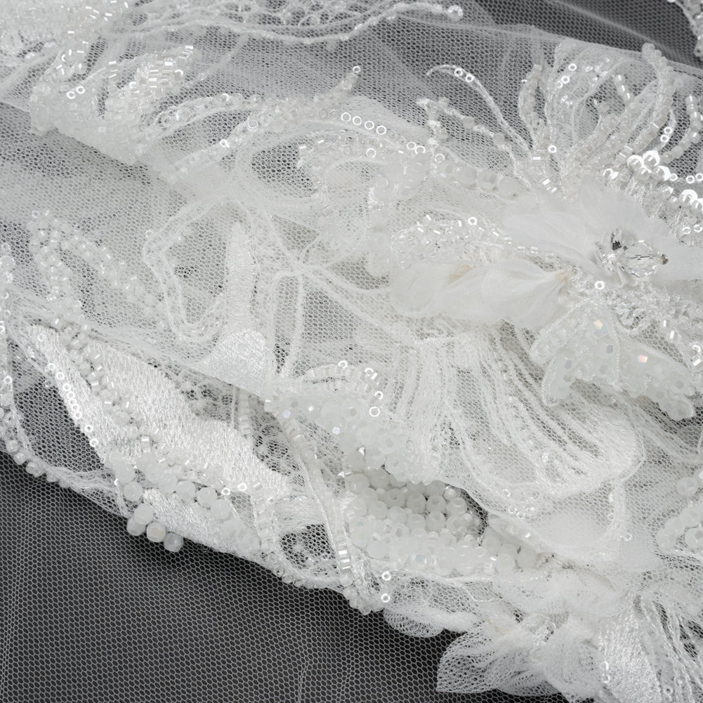 Embroidered and Beaded Bridal Tulle with 3D Fabric Flowers - Off White Fancy Florals Folded Embroidered and Beaded Bridal Tulle with 3D Fabric Flowers - Off White Fancy Florals Folded