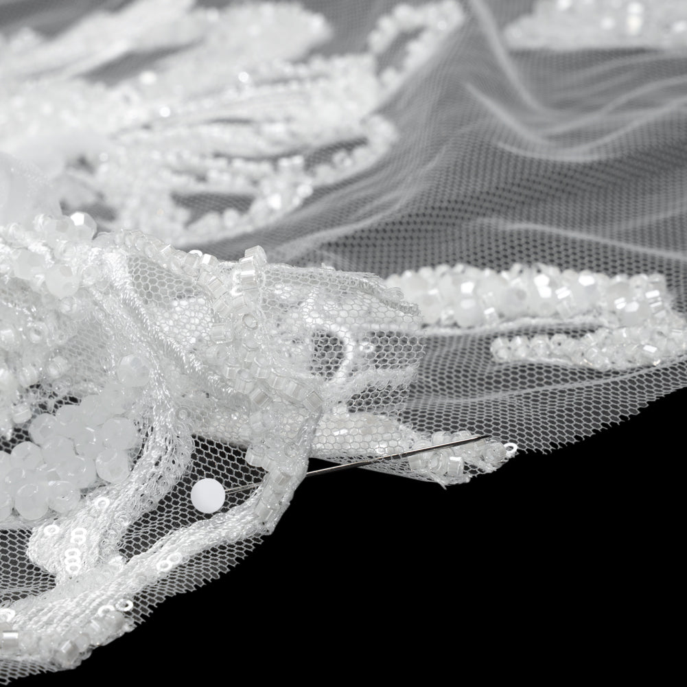 Embroidered and Beaded Bridal Tulle with 3D Fabric Flowers - Off White Fancy Florals Detail Embroidered and Beaded Bridal Tulle with 3D Fabric Flowers - Off White Fancy Florals Detail