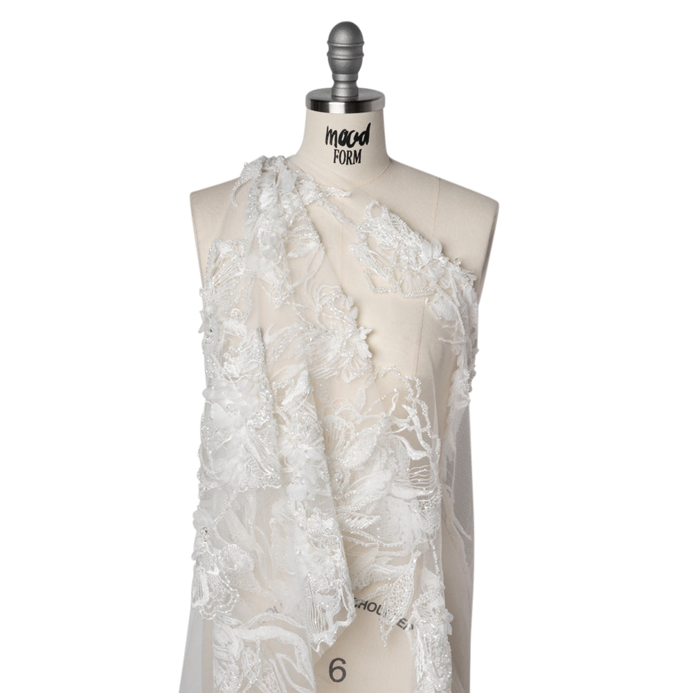 Embroidered and Beaded Bridal Tulle with 3D Fabric Flowers - Off White Fancy Florals Drape Embroidered and Beaded Bridal Tulle with 3D Fabric Flowers - Off White Fancy Florals Drape