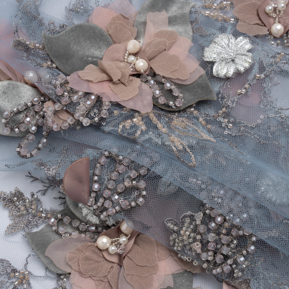 Embroidered and Beaded Bridal Tulle with 3D Velvet and Chiffon Fabric Flowers - Blue and Mauve Elegant Floral Arrangements Folded Embroidered and Beaded Bridal Tulle with 3D Velvet and Chiffon Fabric Flowers - Blue and Mauve Elegant Floral Arrangements Folded