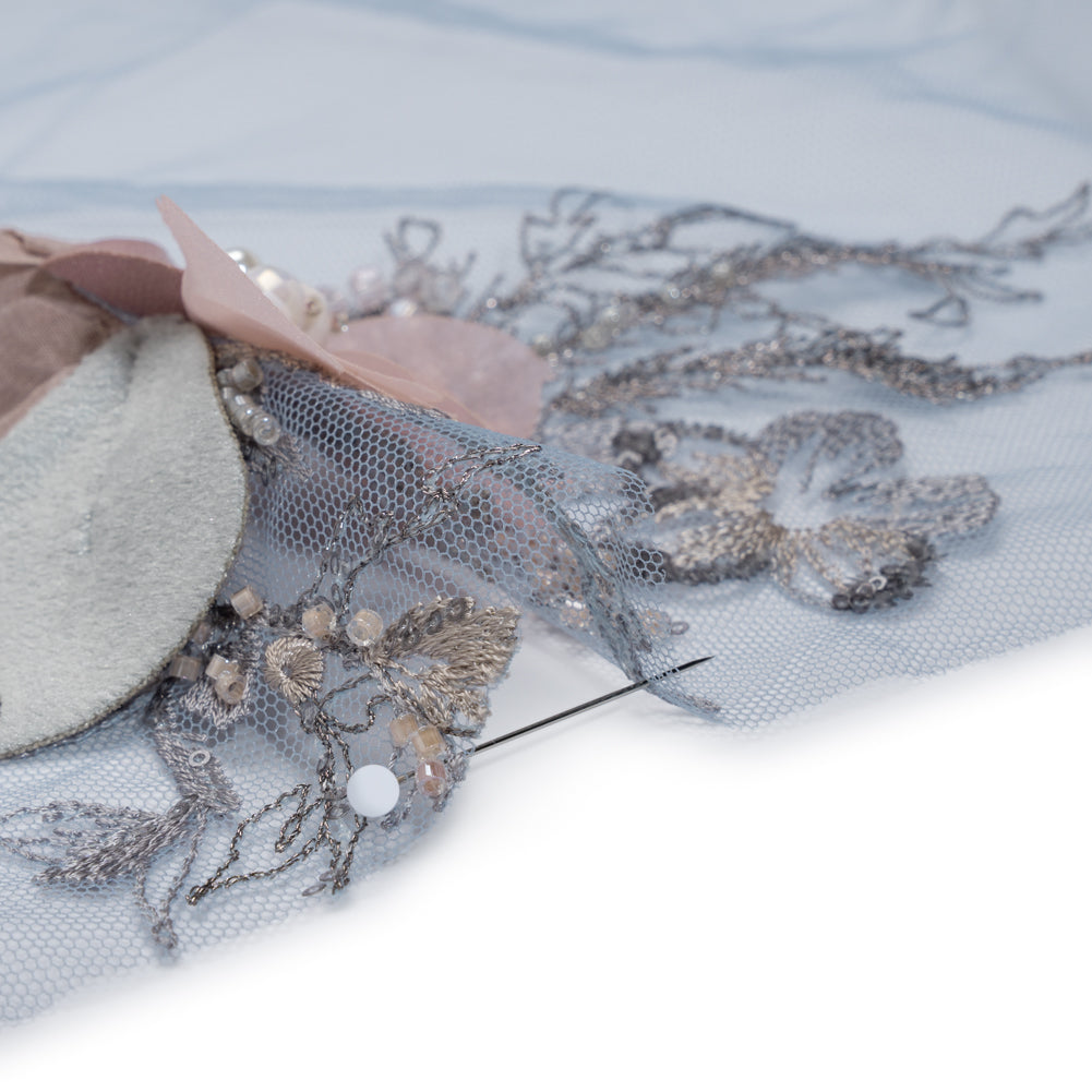 Embroidered and Beaded Bridal Tulle with 3D Velvet and Chiffon Fabric Flowers - Blue and Mauve Elegant Floral Arrangements Detail Embroidered and Beaded Bridal Tulle with 3D Velvet and Chiffon Fabric Flowers - Blue and Mauve Elegant Floral Arrangements Detail