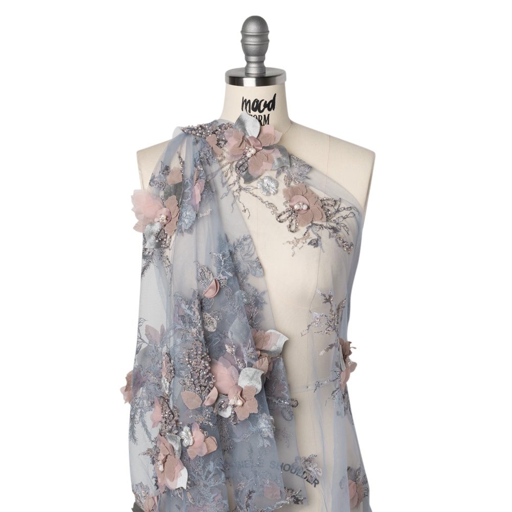 Embroidered and Beaded Bridal Tulle with 3D Velvet and Chiffon Fabric Flowers - Blue and Mauve Elegant Floral Arrangements Drape Embroidered and Beaded Bridal Tulle with 3D Velvet and Chiffon Fabric Flowers - Blue and Mauve Elegant Floral Arrangements Drape