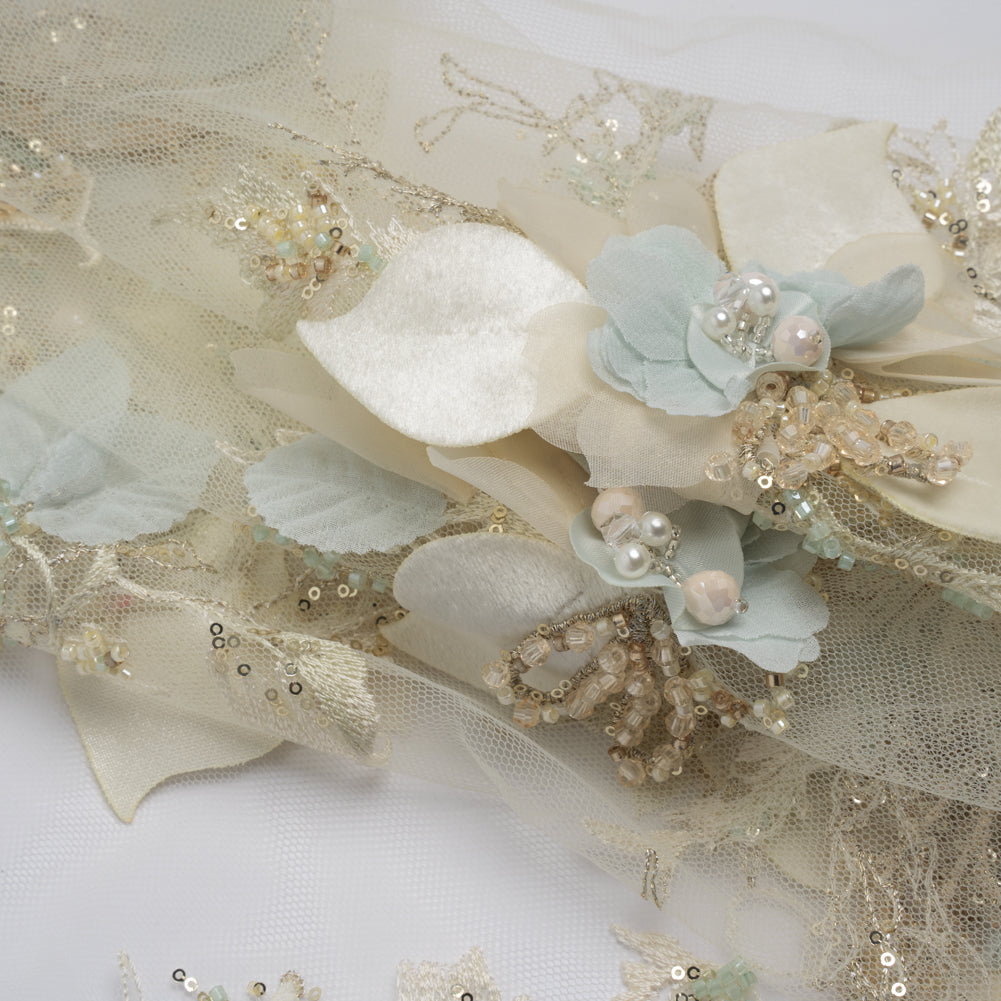 Embroidered and Beaded Tulle with 3D Fabric Flowers - Light Lemon, Cream and Pale Blue Floral Folded Embroidered and Beaded Tulle with 3D Fabric Flowers - Light Lemon, Cream and Pale Blue Floral Folded