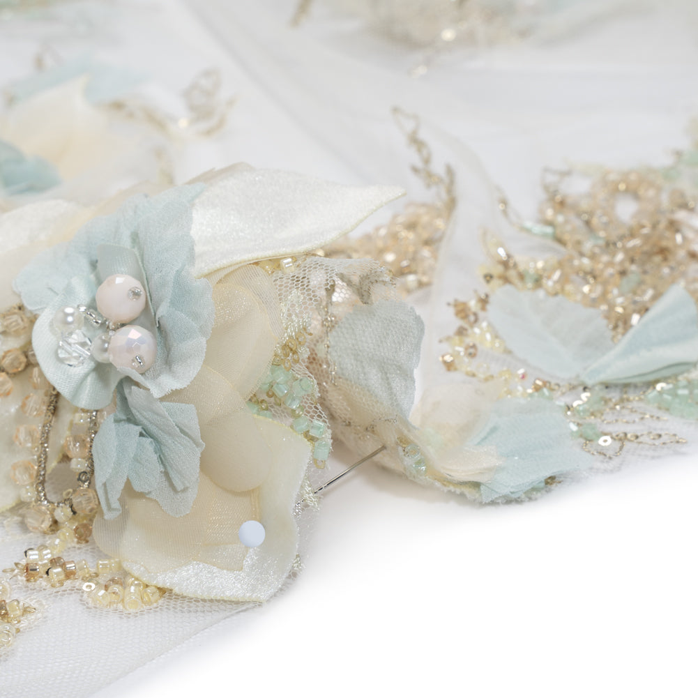Embroidered and Beaded Tulle with 3D Fabric Flowers - Light Lemon, Cream and Pale Blue Floral Detail Embroidered and Beaded Tulle with 3D Fabric Flowers - Light Lemon, Cream and Pale Blue Floral Detail
