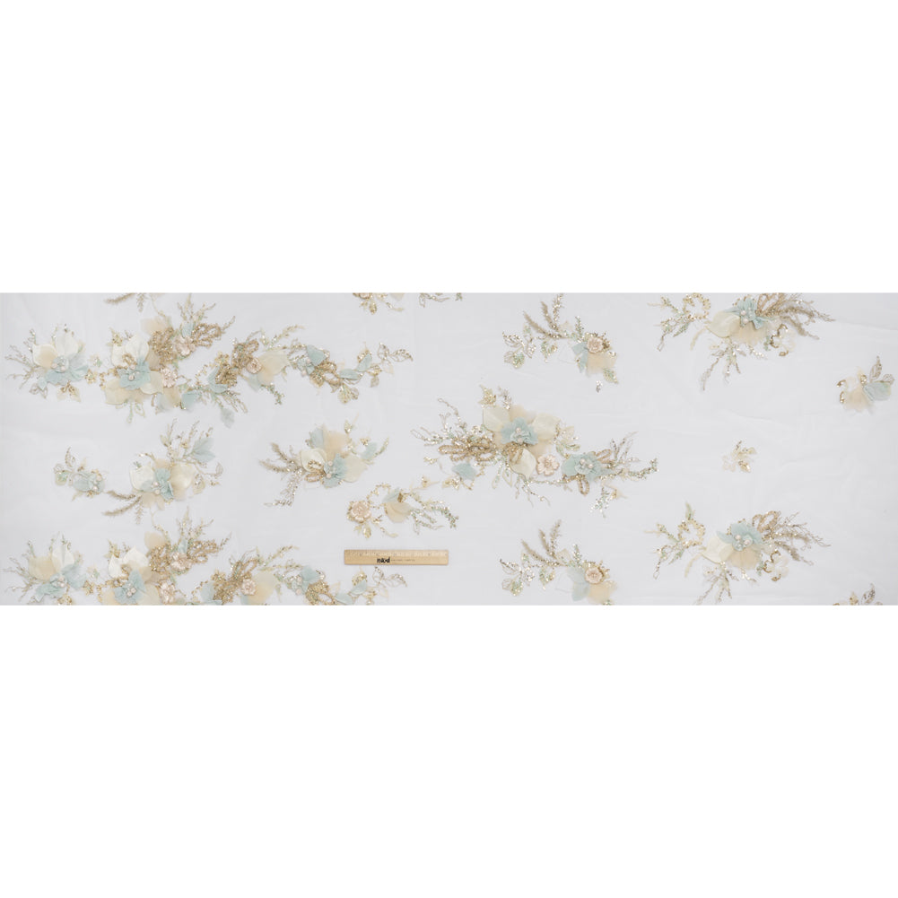 Embroidered and Beaded Tulle with 3D Fabric Flowers - Light Lemon, Cream and Pale Blue Floral - Full Embroidered and Beaded Tulle with 3D Fabric Flowers - Light Lemon, Cream and Pale Blue Floral - Full
