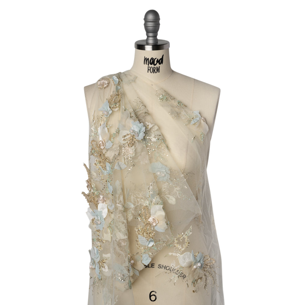 Embroidered and Beaded Tulle with 3D Fabric Flowers - Light Lemon, Cream and Pale Blue Floral Drape Embroidered and Beaded Tulle with 3D Fabric Flowers - Light Lemon, Cream and Pale Blue Floral Drape