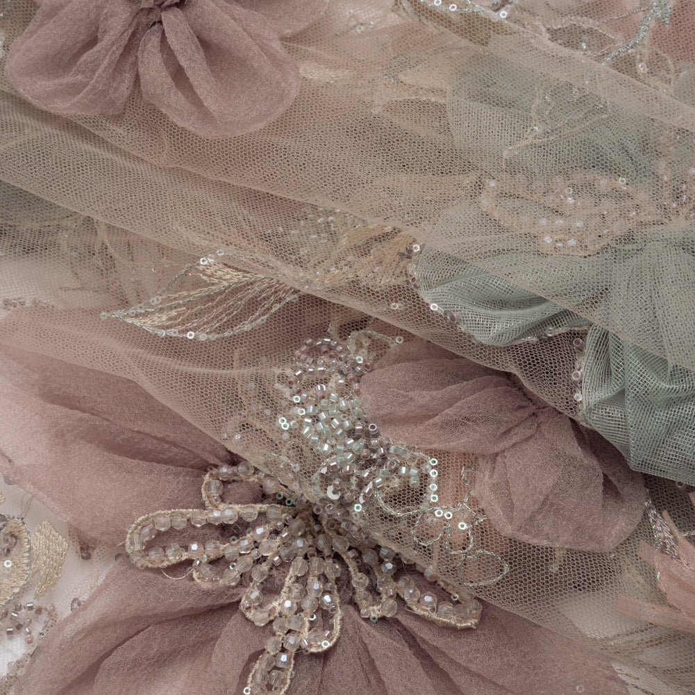 Embroidered and Beaded Tulle with 3D Applique Fabric Flowers - Taupe, Mauve, Mint and Pink Big Flowers Folded Embroidered and Beaded Tulle with 3D Applique Fabric Flowers - Taupe, Mauve, Mint and Pink Big Flowers Folded